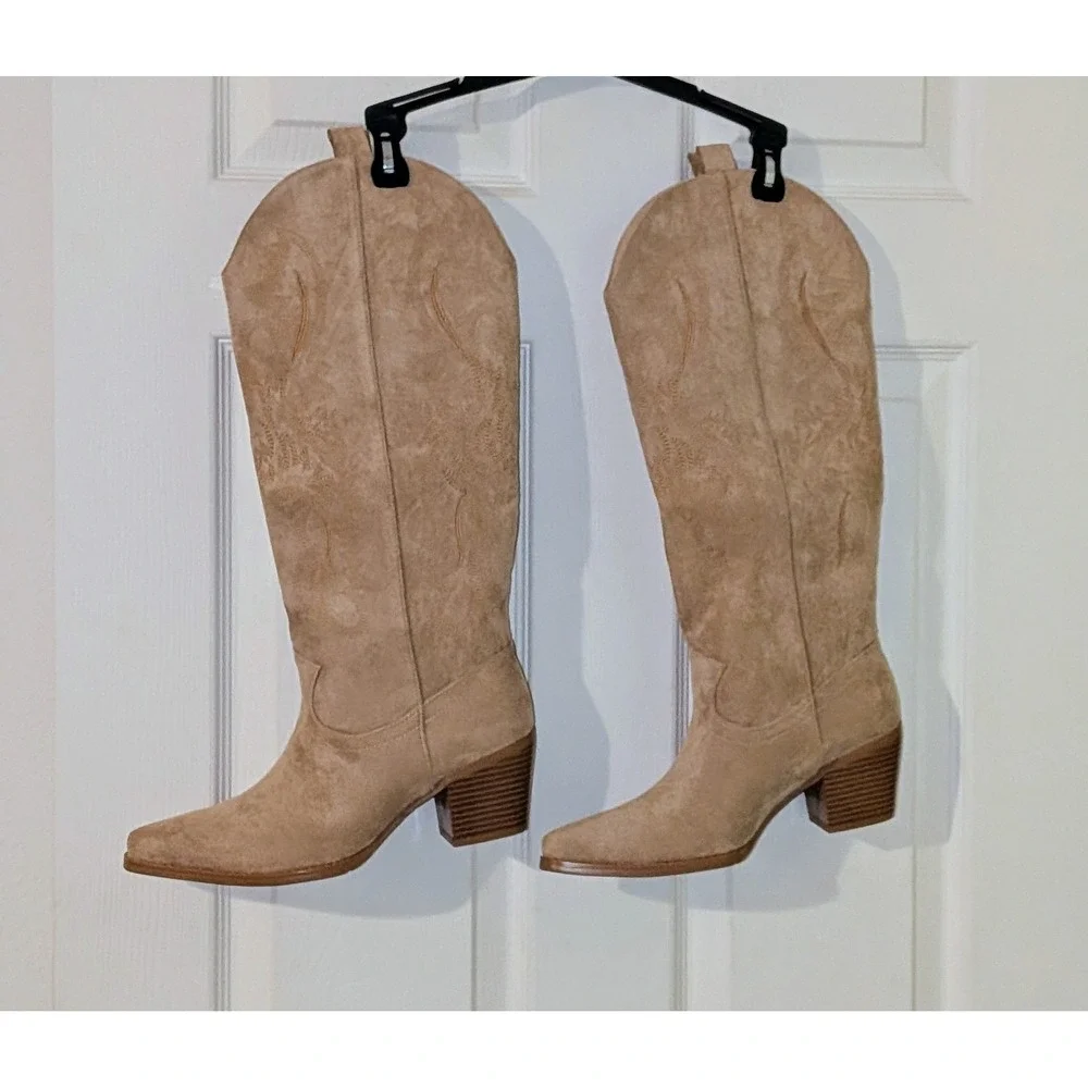 VBDB Womens Beige Faux Suede Western Cowboy‎ Knee High Boots Size 8.5 NEW